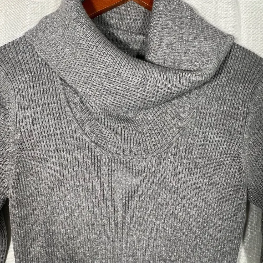 Calvin Klein Grey Cowl Neck Flare Shimmering Metallic Silver Sweater Dress Sz L